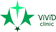 Vivid Clinic logo featuring a sleek, minimalist design with an abstract emblem and modern typography in vibrant green tones