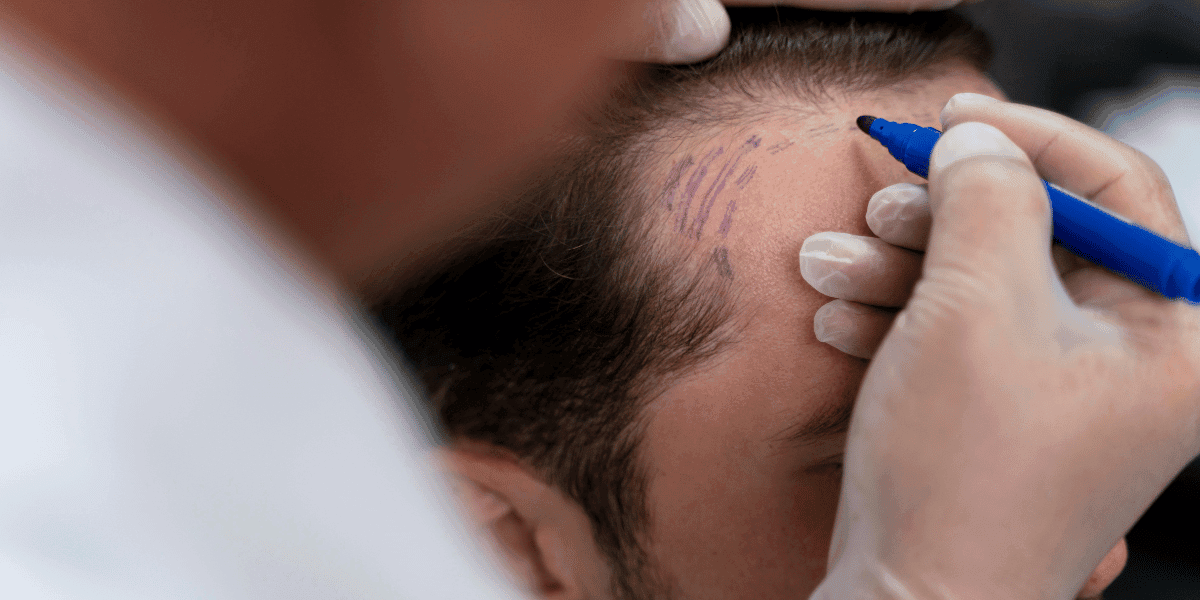 Man assessing beard styles before transplant.