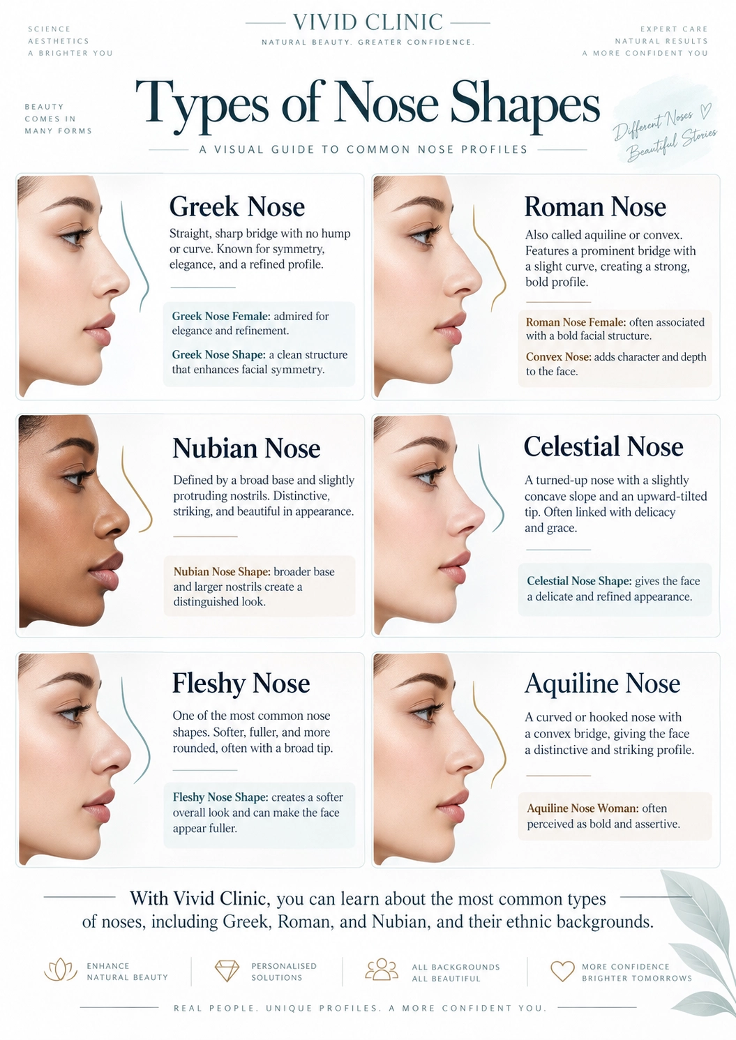 Rasgos faciales mayas: tipos de formas de nariz: griega, romana, nubia, celestial y más. Características faciales mayas en Vivid Clinic Estambul: infografía sobre los tipos de formas de nariz que muestran la griega, romana, nubia, celestial, Fle