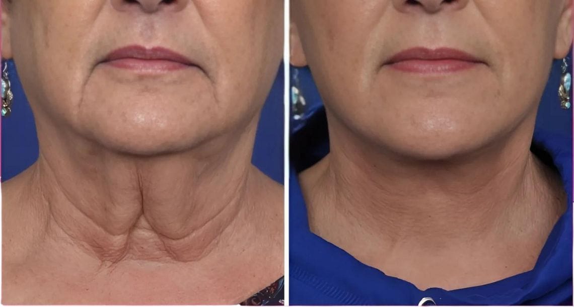 Neck Lift Before and After Results : Woman with a rejuvenated neck and jawline after a neck lift procedure.