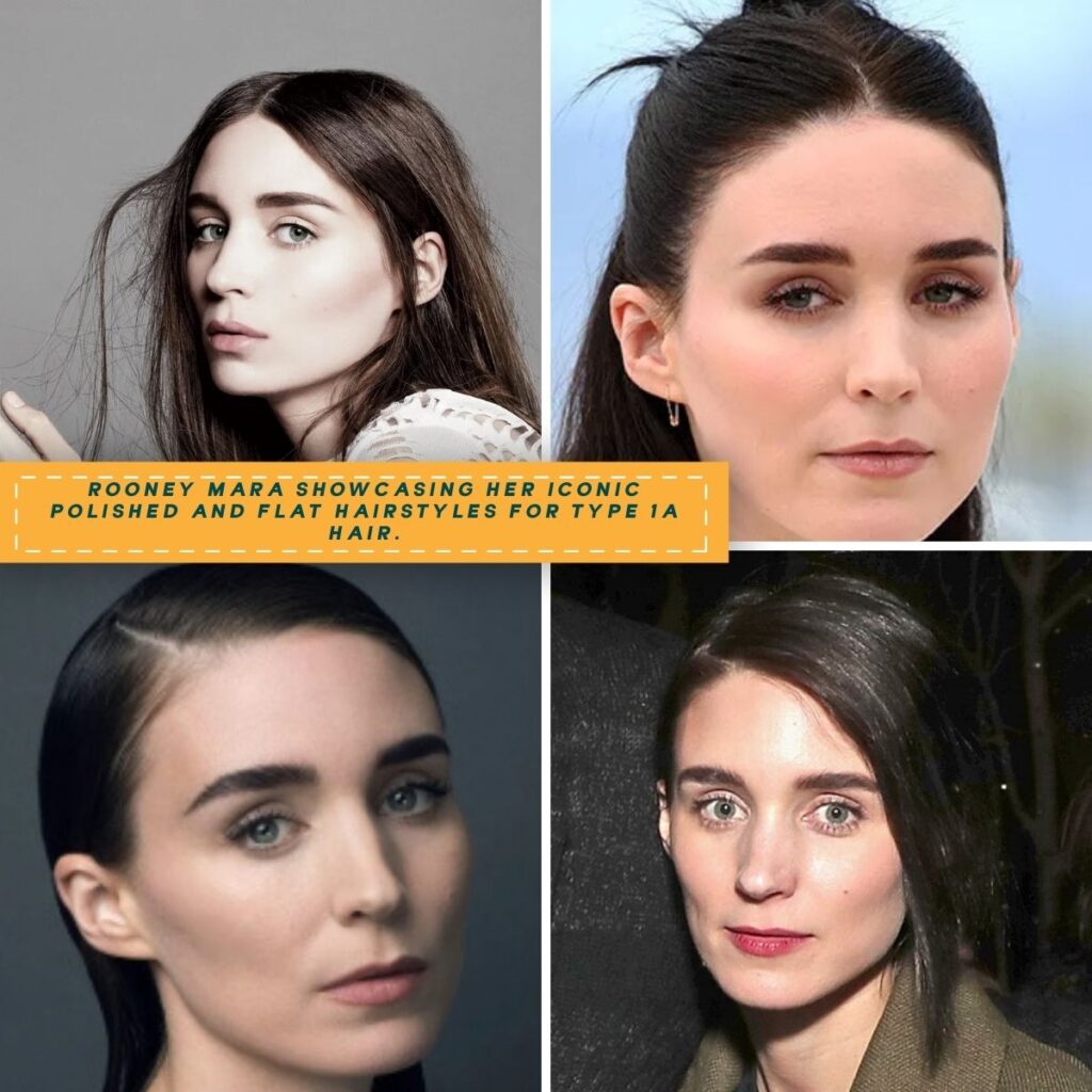 A collage of Rooney Mara's polished and flat hairstyles in four unique looks