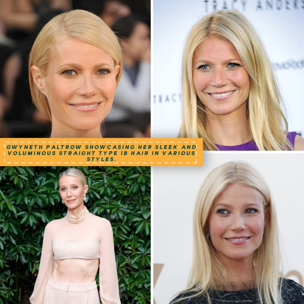 A collage featuring Gwyneth Paltrow's naturally straight and voluminous hairstyles in four different looks