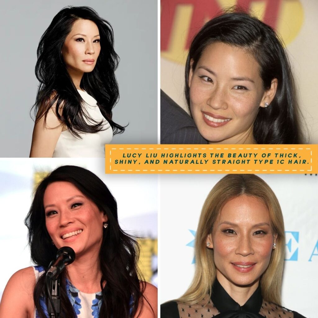 A collage featuring Lucy Liu's shiny, thick, and naturally straight hair in four distinct styles.