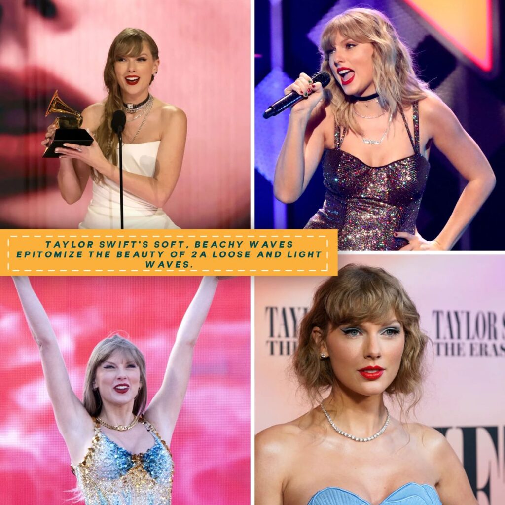 A collage featuring Taylor Swift’s soft, beachy waves in four distinct and elegant styles.