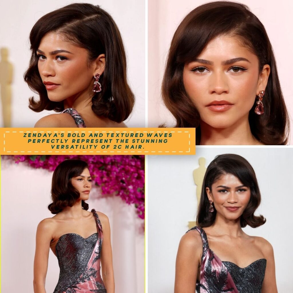 A collage showcasing Zendaya’s bold and textured waves in four unique and statement-making looks