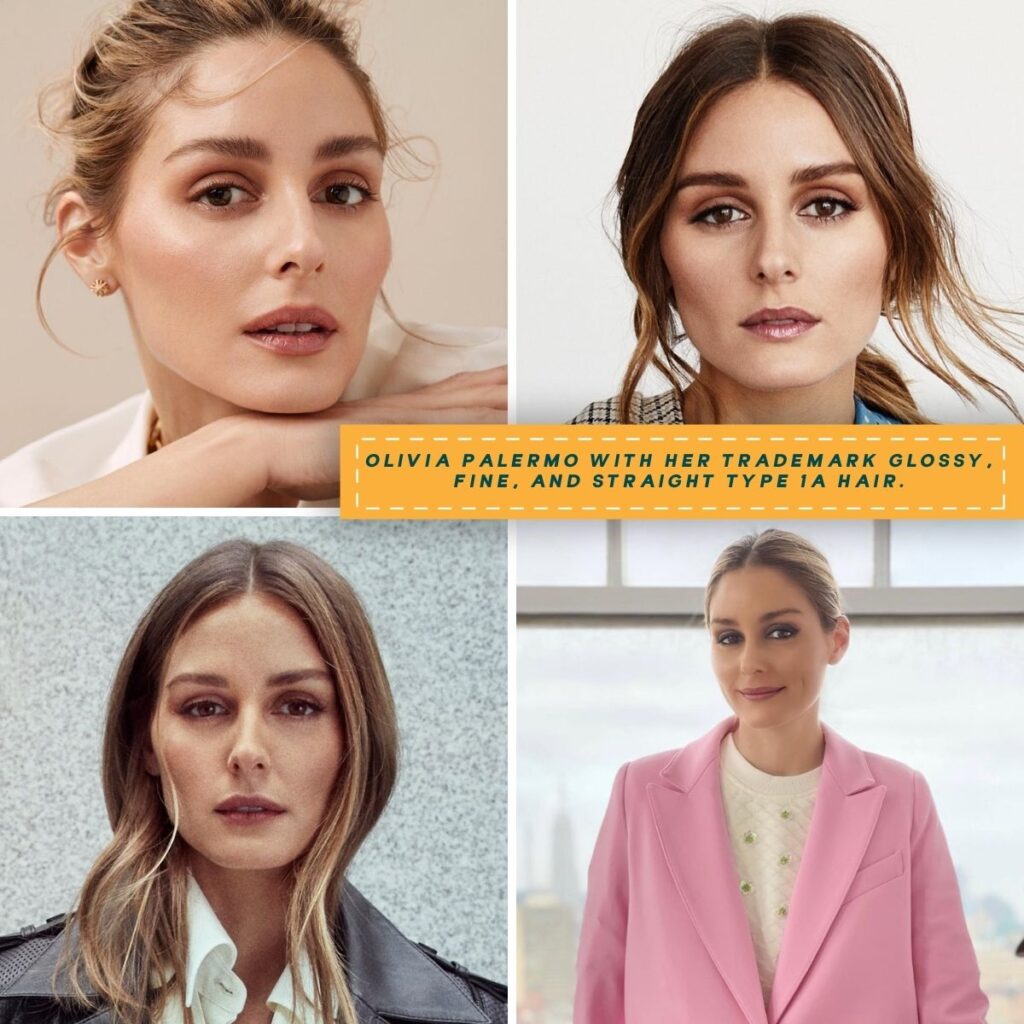 A collage featuring Olivia Palermo's glossy and fine straight hair in four elegant styles