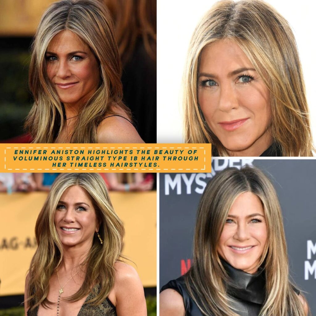 A collage of Jennifer Aniston's iconic straight hairstyles with volume in four different looks.