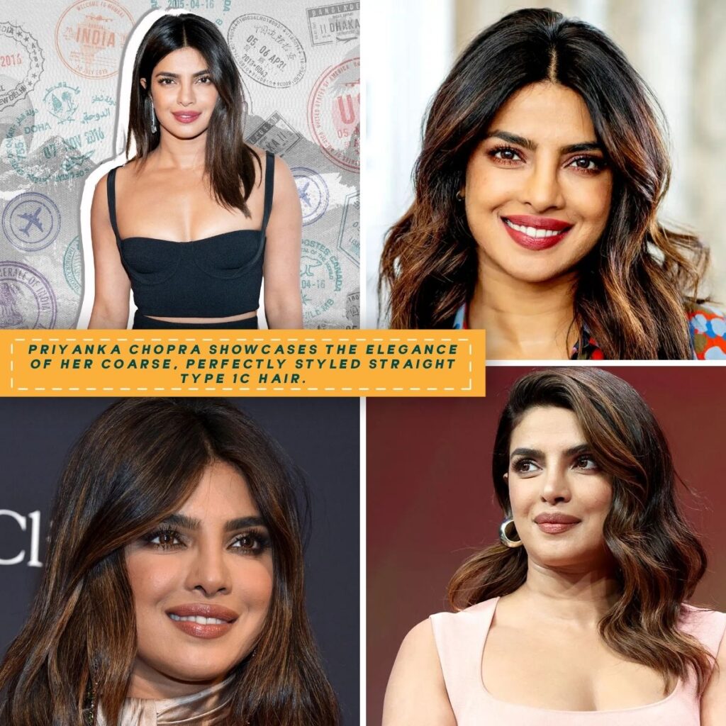 A collage of Priyanka Chopra's coarse straight hair styled to perfection in four unique looks.