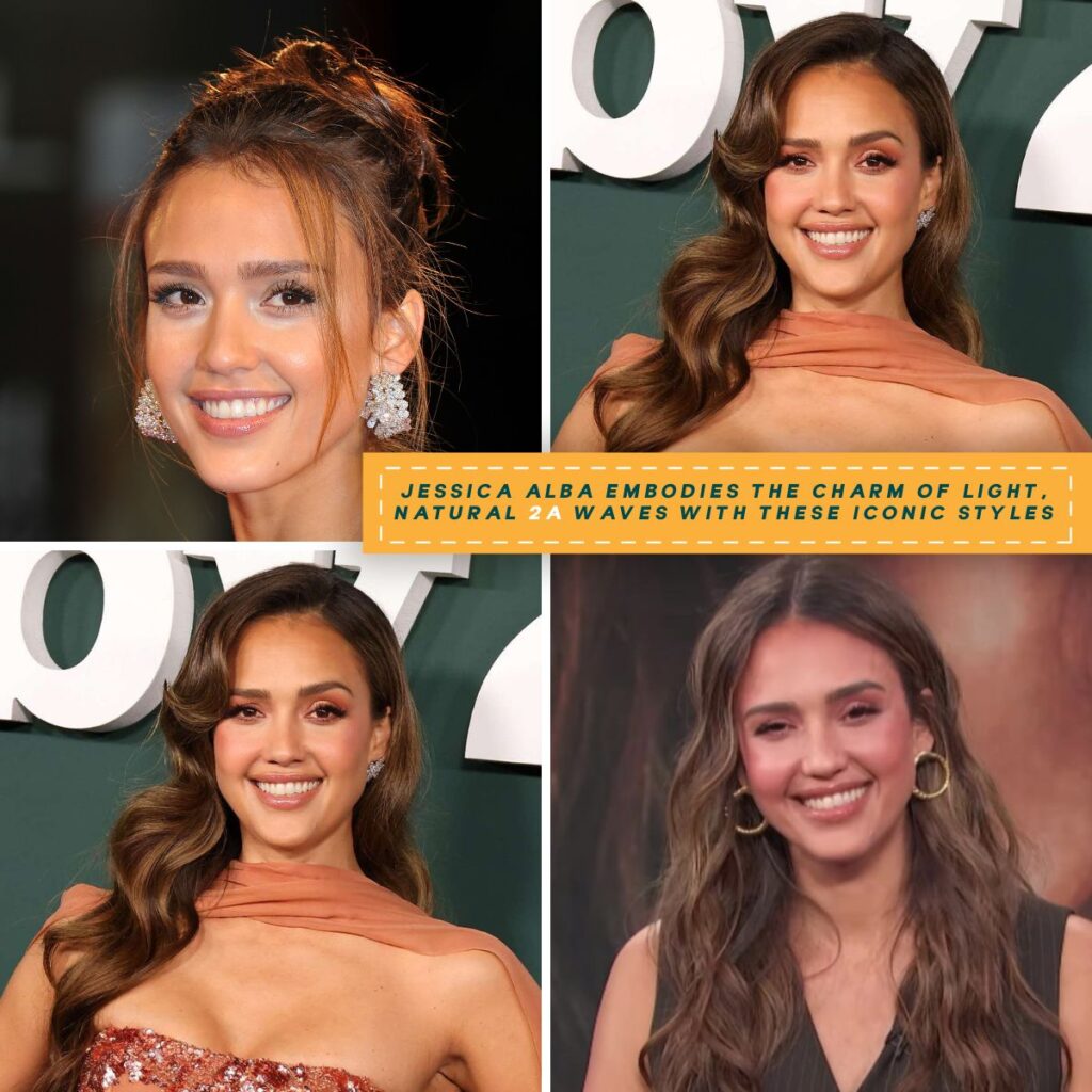 A collage showcasing Jessica Alba’s light and effortless waves in four chic looks.