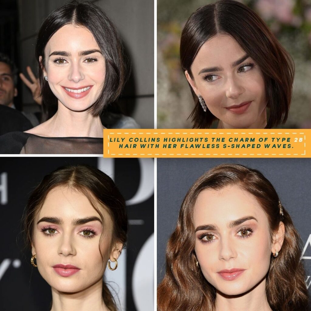 A collage featuring Lily Collins’ perfectly defined S-waves in four chic and classic looks.