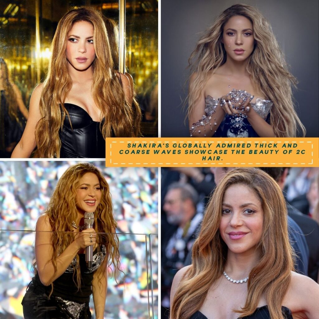 A collage featuring Shakira’s naturally thick and coarse wavy hair in four dynamic and vibrant styles.