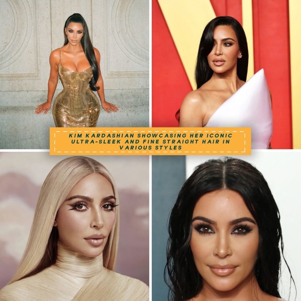 A collage featuring Kim Kardashian's fine and ultra-sleek hair in four different looks.