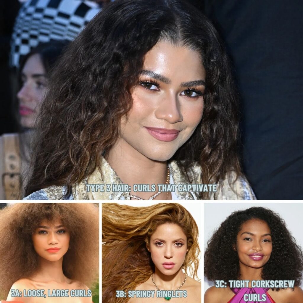 Collage of celebrities with Type 3 curly hair including Zendaya, Shakira, and Yara Shahidi.