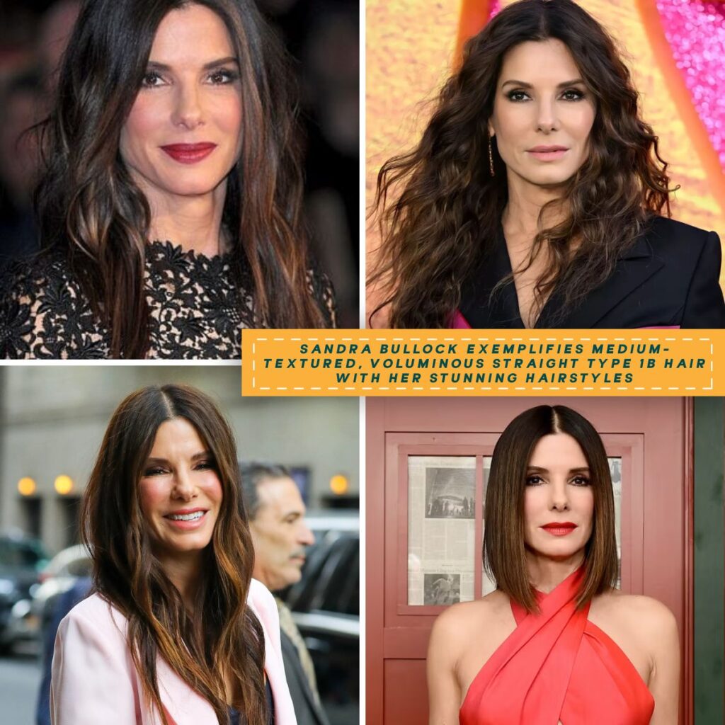 A collage featuring Sandra Bullock's medium-textured straight hairstyles with volume in four elegant looks