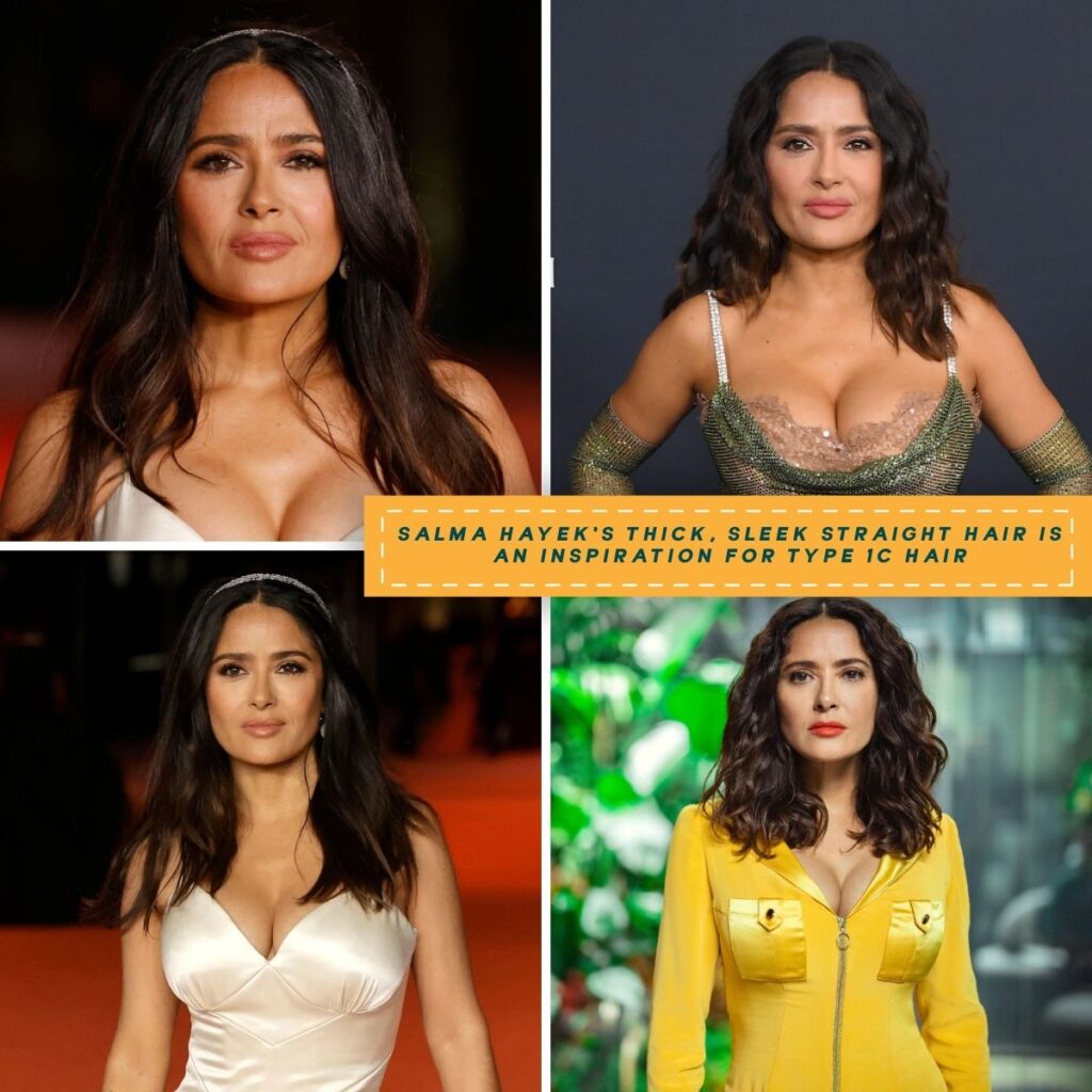 A collage featuring Salma Hayek's sleek, thick straight hair in four glamorous appearances