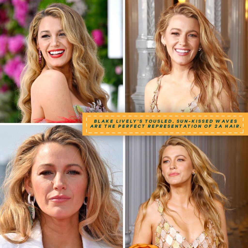 A collage featuring Blake Lively’s tousled, sun-kissed wavy hairstyles in four captivating styles.