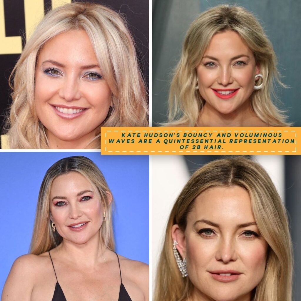 A collage showcasing Kate Hudson’s bouncy and voluminous waves in four glamorous styles