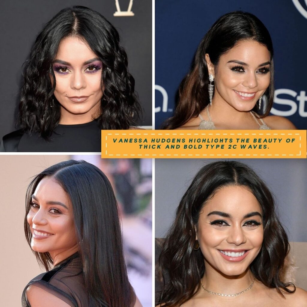 A collage featuring Vanessa Hudgens’ thick and voluminous wavy hair in four striking styles.