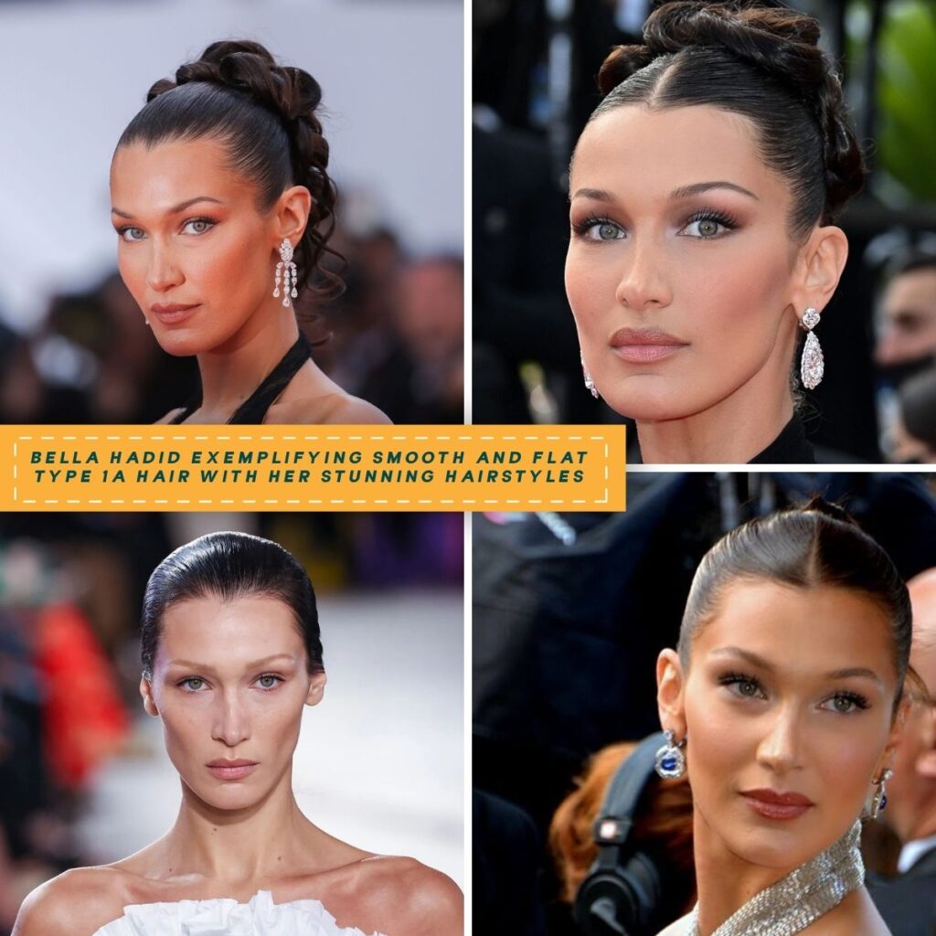 A collage of Bella Hadid's smooth and flat hairstyles in four glamorous appearances.