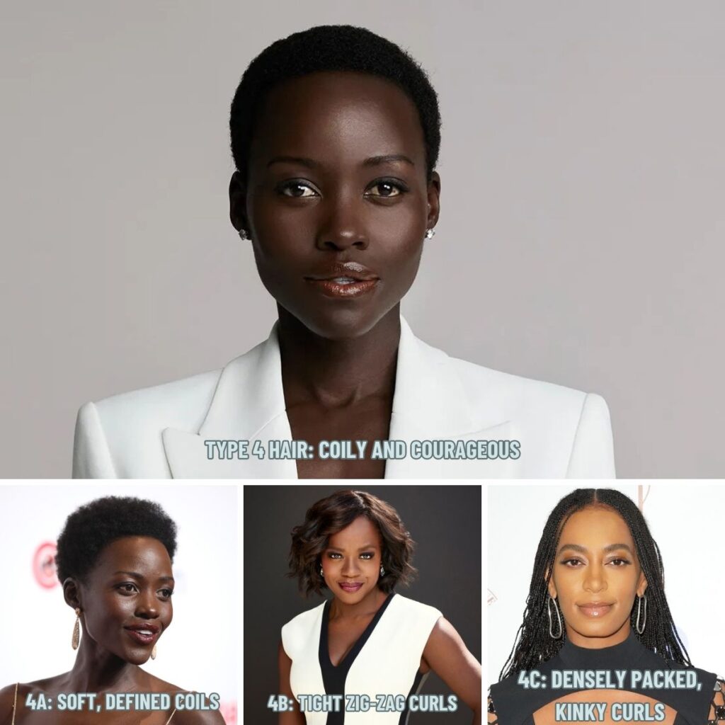 Collage of celebrities with Type 4 coily hair including Lupita Nyong'o, Viola Davis, and Solange Knowles.