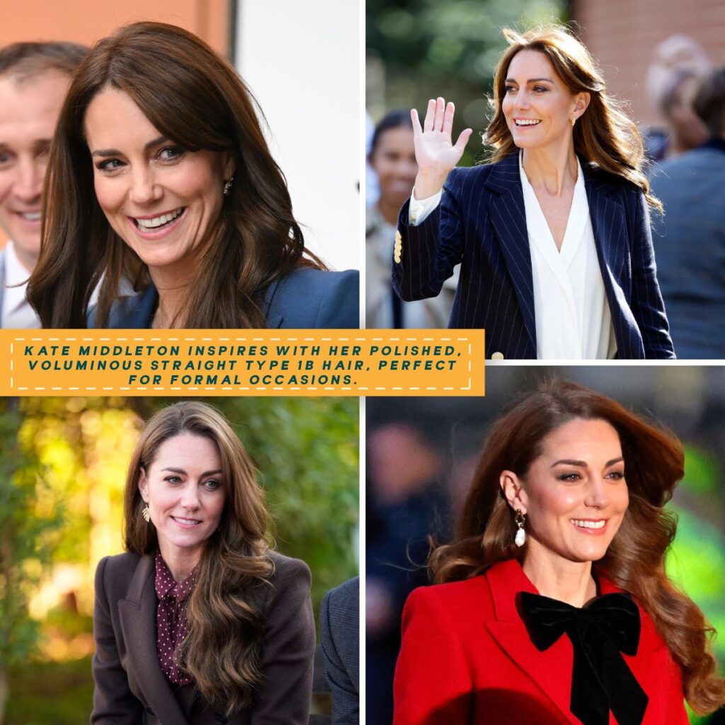 A collage featuring Kate Middleton's sleek and voluminous straight hairstyles in four royal looks