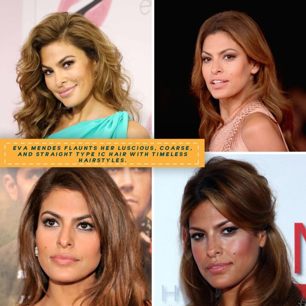 A collage featuring Eva Mendes’ luscious, coarse straight hair in four stunning styles