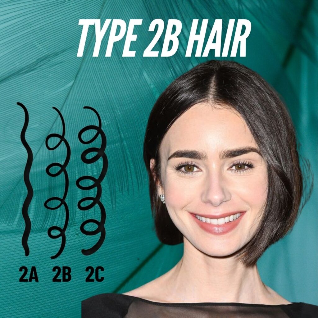 Lily Collins with her sleek and perfectly defined S-shaped waves, exemplifying Type 2B hair.