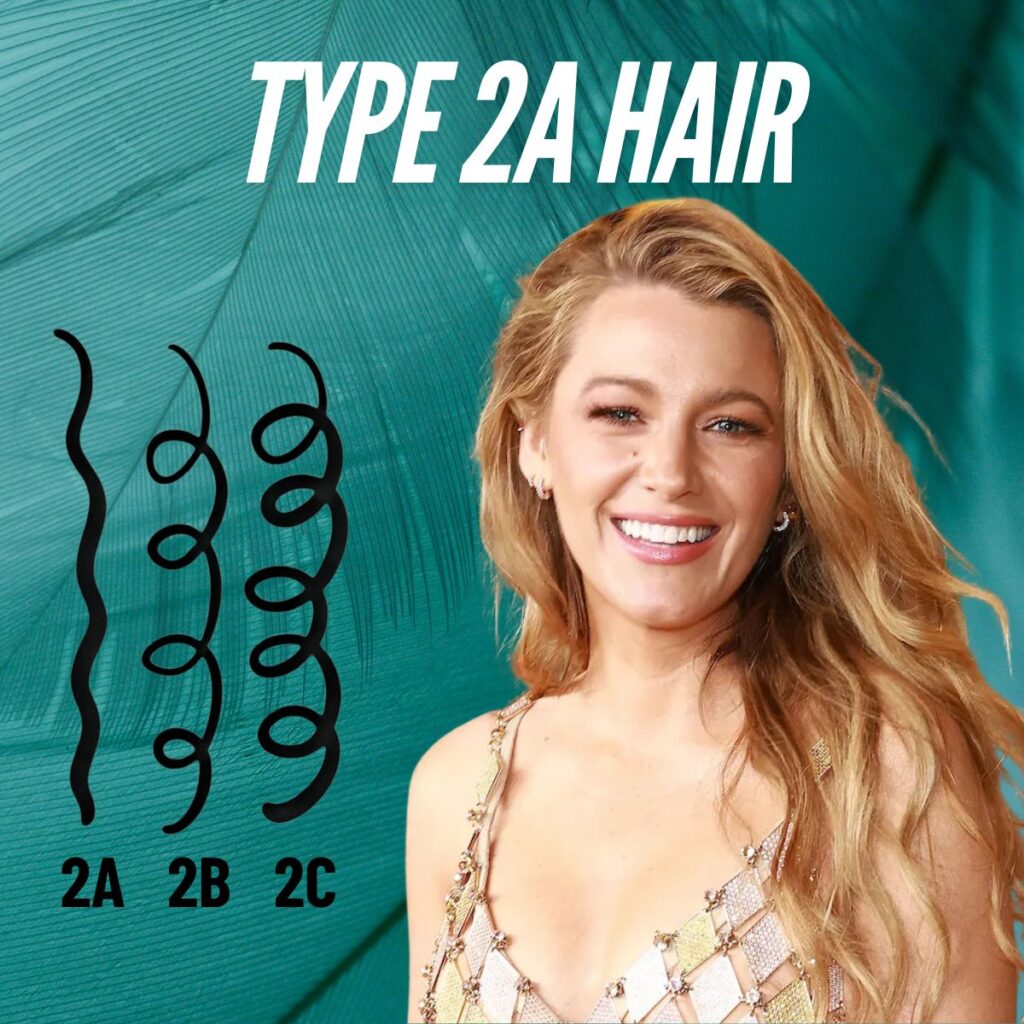 Blake Lively with tousled, sun-kissed waves, an iconic representation of Type 2A hair.