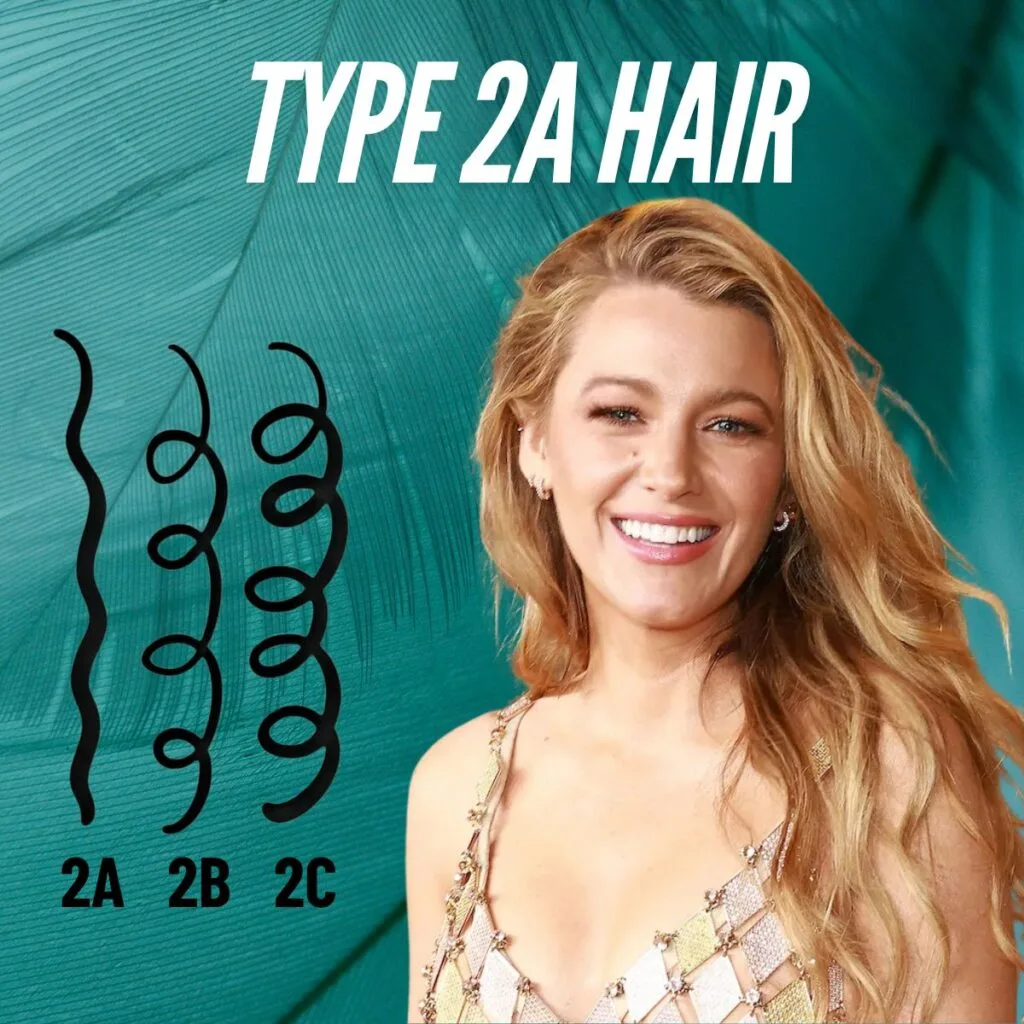 Blake Lively with tousled, sun-kissed waves, an iconic representation of Type 2A hair.