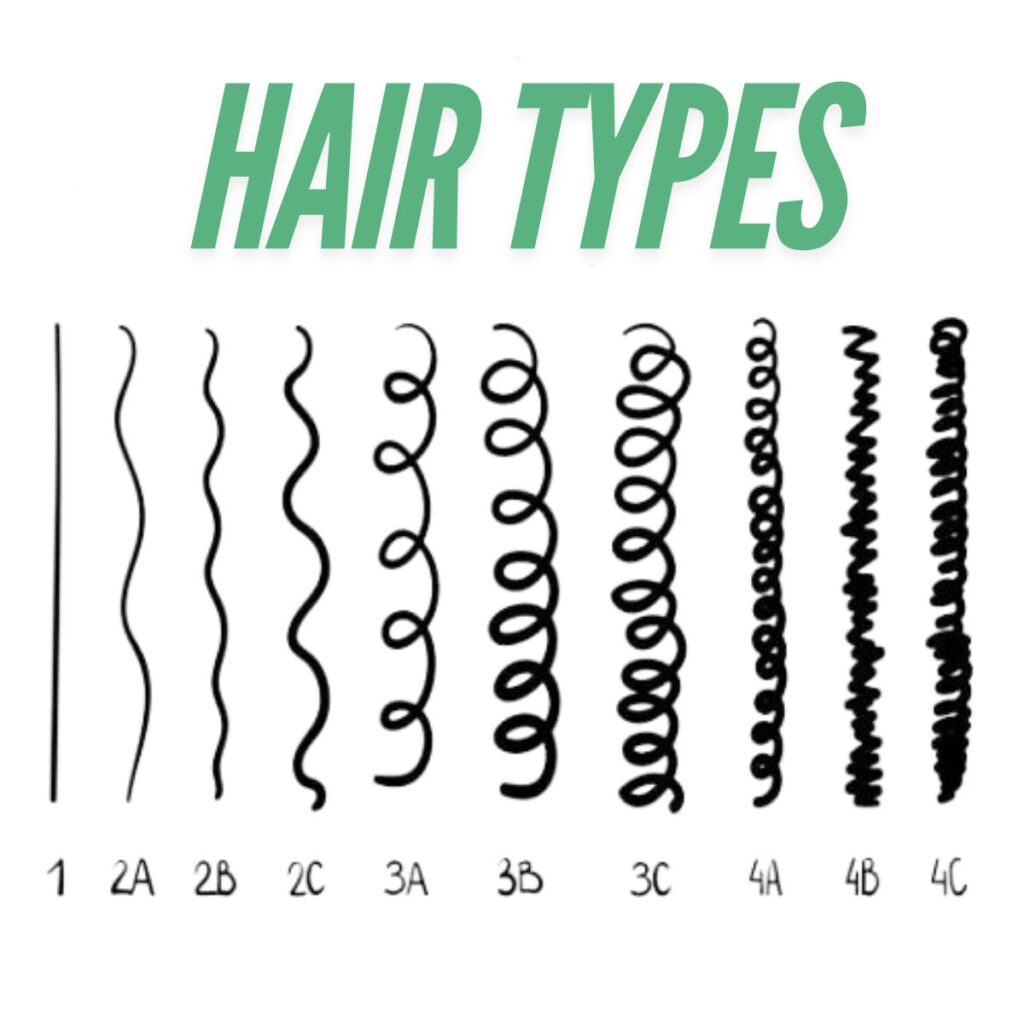 Different Hair Types Chart with visual classifications of straight, wavy, curly, and coily hair.