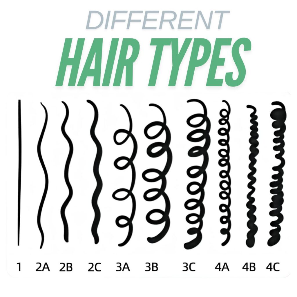 Hair Types Chart showing straight, wavy, curly, and coily hair patterns with subcategories 1, 2A-2C, 3A-3C, and 4A-4C.