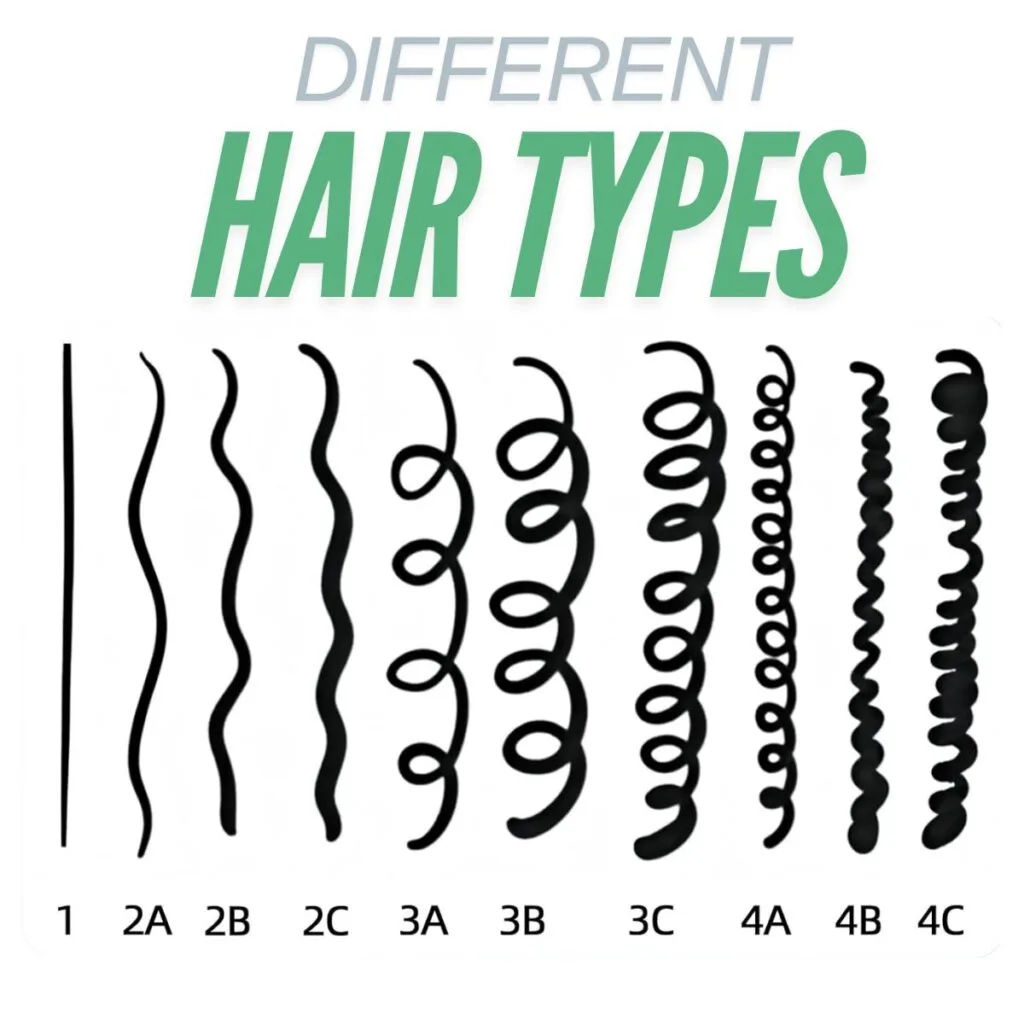 Tabla de tipos de cabello que muestra patrones de cabello liso, ondulado, rizado y en espiral con subcategorías 1, 2A-2C, 3A-3C y 4A-4C.