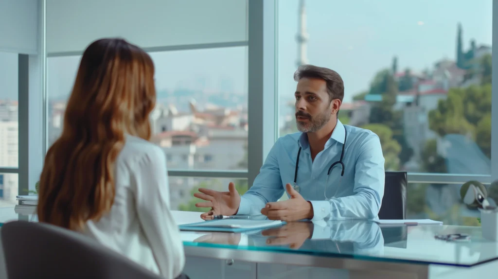 يناقش أحد المرضى الآثار الجانبية لشفط الدهون مع أحد الجراحين المعتمدين في عيادة Vivid.
