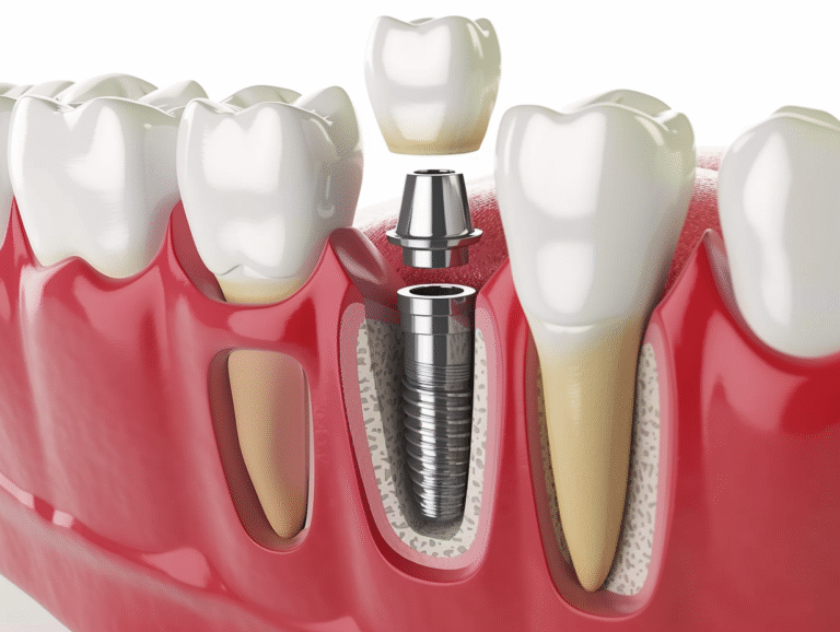 Procedimiento de implante dental: Fotografía que muestra el procedimiento de implante dental en progreso, con un dentista colocando el implante en el hueso maxilar del paciente utilizando técnicas precisas.