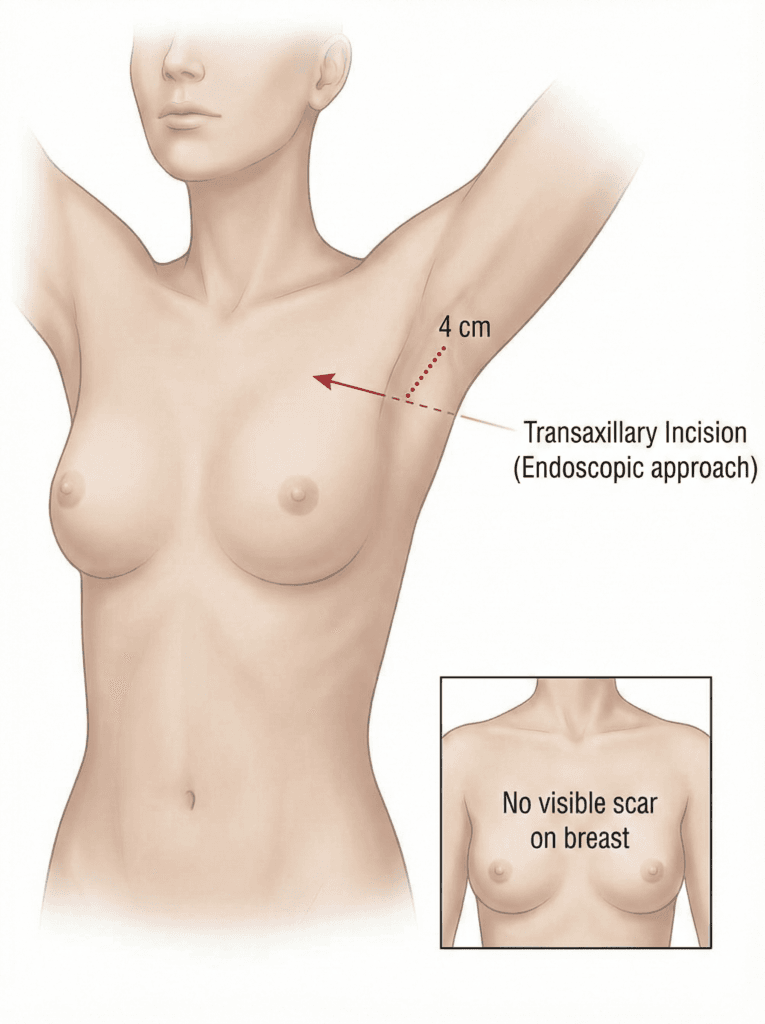 Tipos de incisión para la cirugía de aumento de senos: Guía completa para elegir la técnica adecuada en Vivid Clinic Istanbul Tipos de incisión para la cirugía de aumento de senos: incisión transaxilar para aumento de senos en la axila