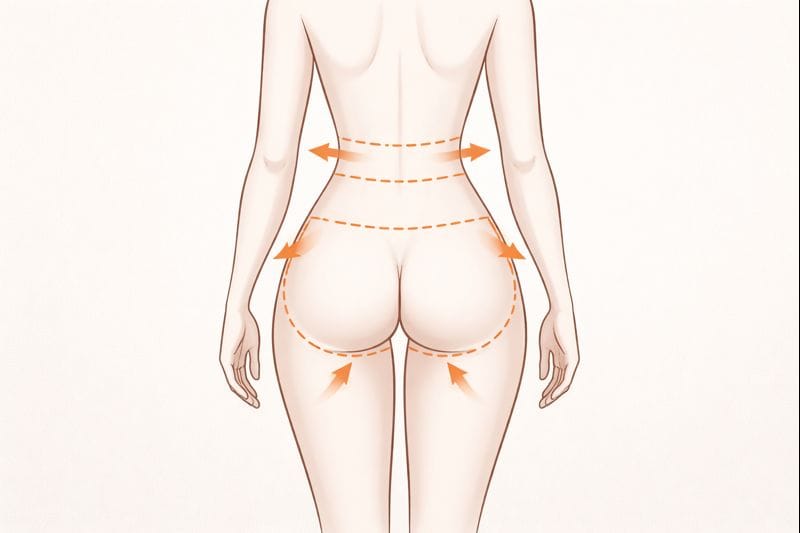 BBL Estambul: La guía completa y centrada en la seguridad para la cirugía de levantamiento de glúteos brasileño en Turquía Diagrama que muestra las zonas donantes de liposucción en la cintura y la transferencia de grasa a los glúteos en un BBL.