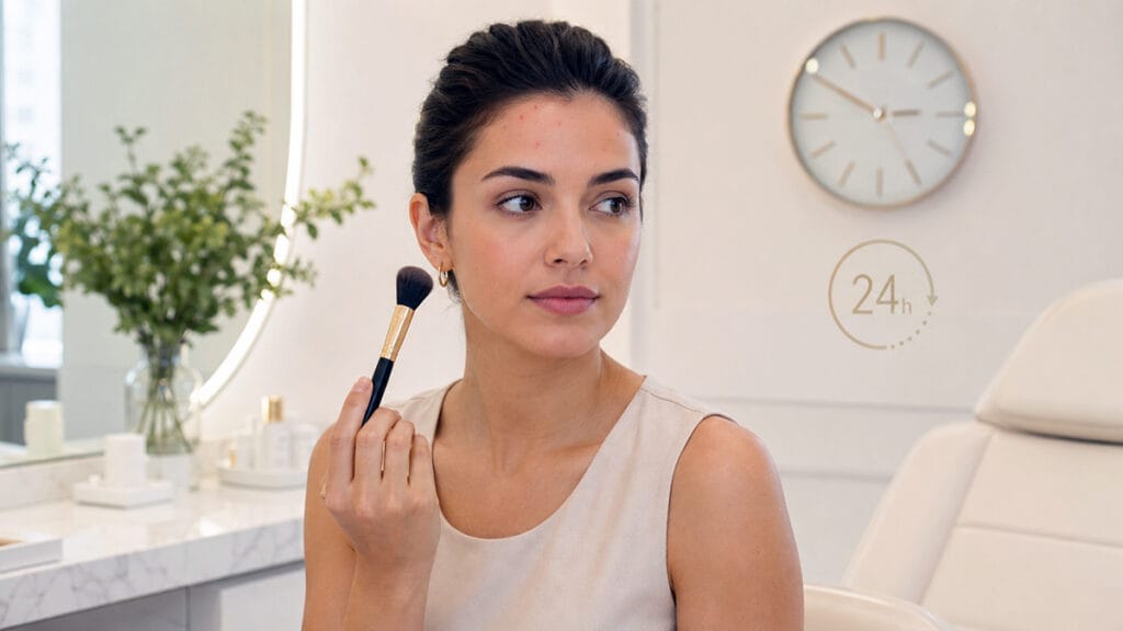 Woman holding makeup brush after Botox treatment, showing the 24-hour makeup after Botox rule at Vivid Clinic