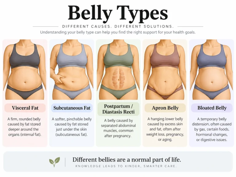 Belly types showing visceral fat, subcutaneous fat, postpartum diastasis recti, apron belly, and bloated belly