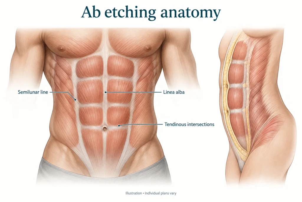 Ab ets anatomie Illustratie van de buikanatomie met de linea alba, de halvemaanvormige lijnen en de peesverbindingen voor het etsen van de buik.
