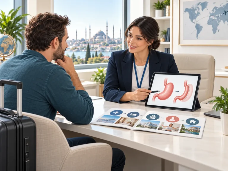 Vivid Clinic Vivid Clinic patient coordinator in Istanbul explaining a gastric sleeve and the flight, hotel, hospital and recovery itinerary to an international patient
