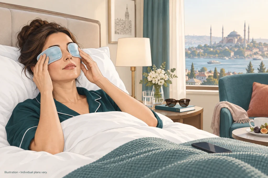 Descanso después de la cirugía de párpados Ilustración: paciente descansando con compresas frías en una habitación de hotel en Estambul durante la recuperación de una blefaroplastia.