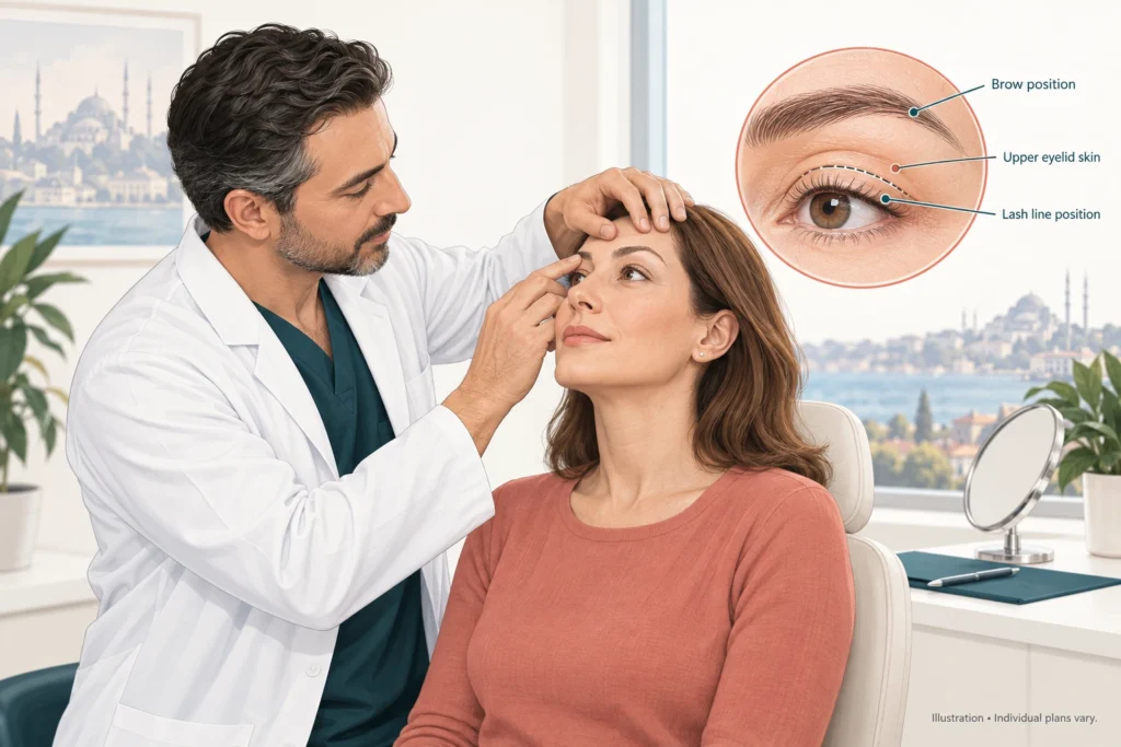 Consulta de blefaroplastia en Estambul Blefaroplastia en Turquía: ilustración de un cirujano evaluando la piel del párpado superior y la posición de la ceja durante una consulta de blefaroplastia.