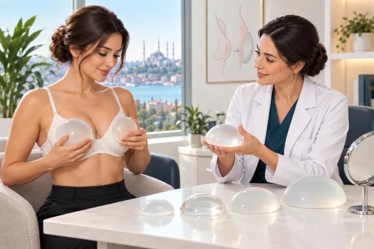 Vivid Clinic Patient trying breast implant sizers with a female surgeon at Vivid Clinic Istanbul during a breast augmentation consultation