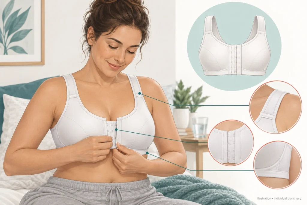 Illustrazione di un reggiseno chirurgico di supporto con chiusura frontale, utilizzato dopo un intervento di riduzione del seno.