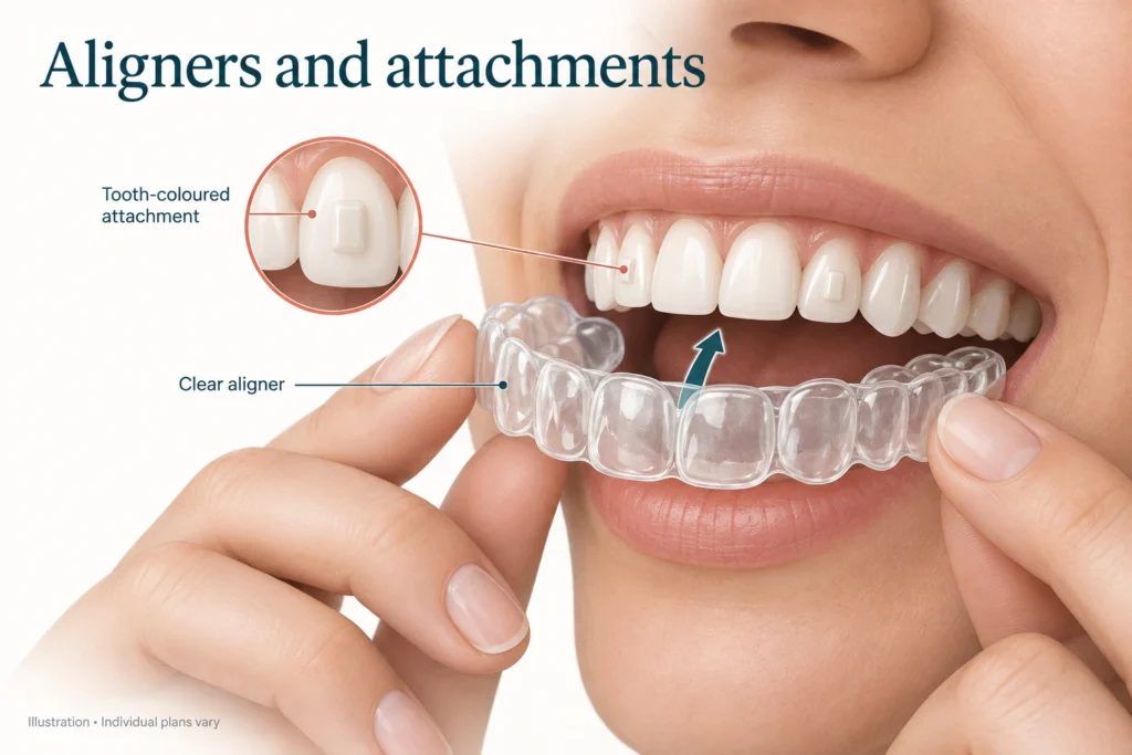 Illustration of a clear aligner fitting over teeth with small tooth-coloured attachments