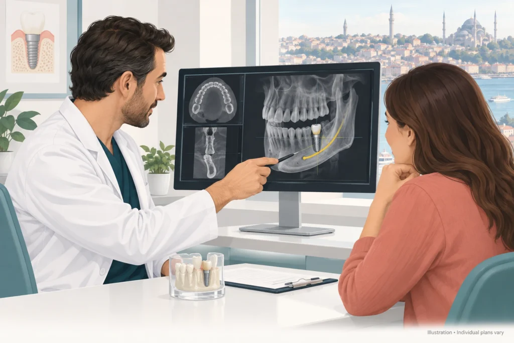 Odontología Odontología estética en Estambul: ilustración de un dentista revisando una tomografía computarizada de haz cónico (CBCT) con un paciente antes de un tratamiento de implantes dentales.