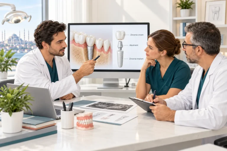 Vivid Clinic Dentist at Vivid Clinic Istanbul explaining a zirconia dental implant, abutment and crown to a patient