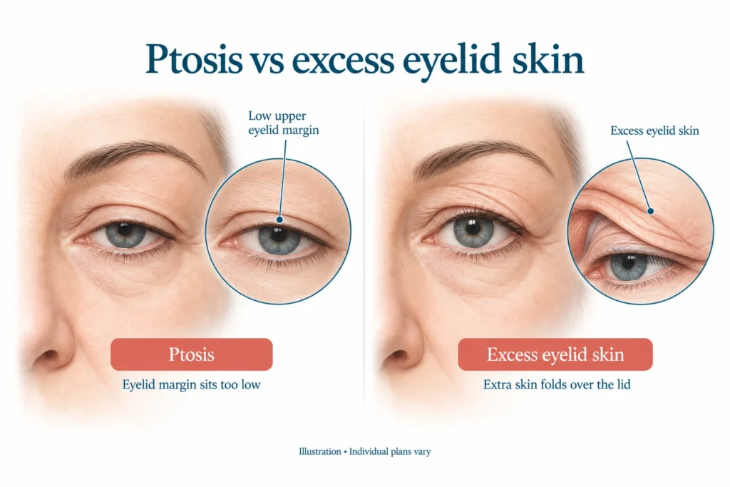 Ptosis versus exceso de piel en los párpados Diagrama que compara la ptosis palpebral, donde el borde del párpado se cae, con el exceso de piel del párpado superior (dermatochalasis).