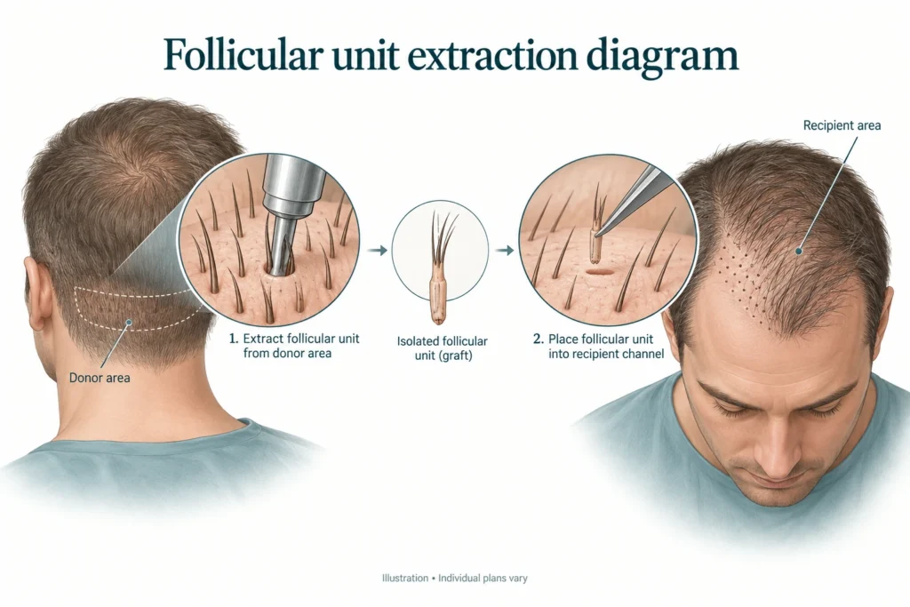 Ilustración médica de la extracción de unidades foliculares de la zona donante y su colocación en los canales receptores.