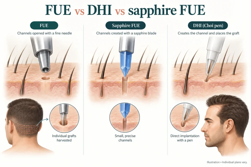 FUE vs DHI vs FUE de zafiro Ilustración médica que compara la apertura del canal FUE, los canales de la cuchilla de zafiro y la implantación con la pluma DHI Choi.